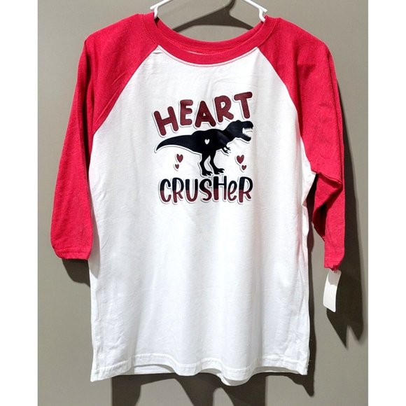 HEART CRUSHER T-Rex Youth XL 14/16 Red 3/4 Raglan Sleeve Valentine's Day T-Shirt - Picture 1 of 6